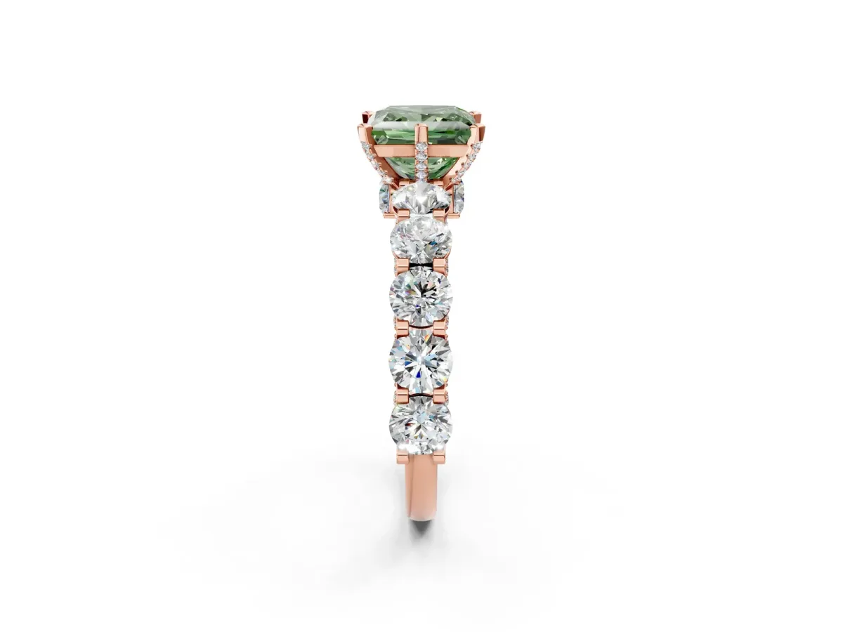 Fancy Green Princess Cut Diamond Side Stone Engagement Ring with Four-Prong Setting Rose gold
