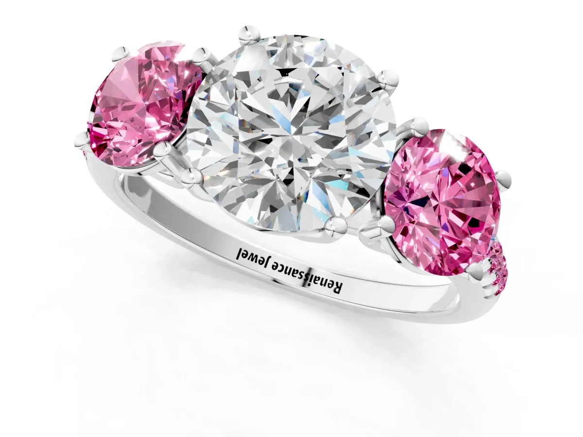 Three-Stone Round Cut Diamond Ring with Round Pink Sapphire Pavé Band and Prong Setting Silver