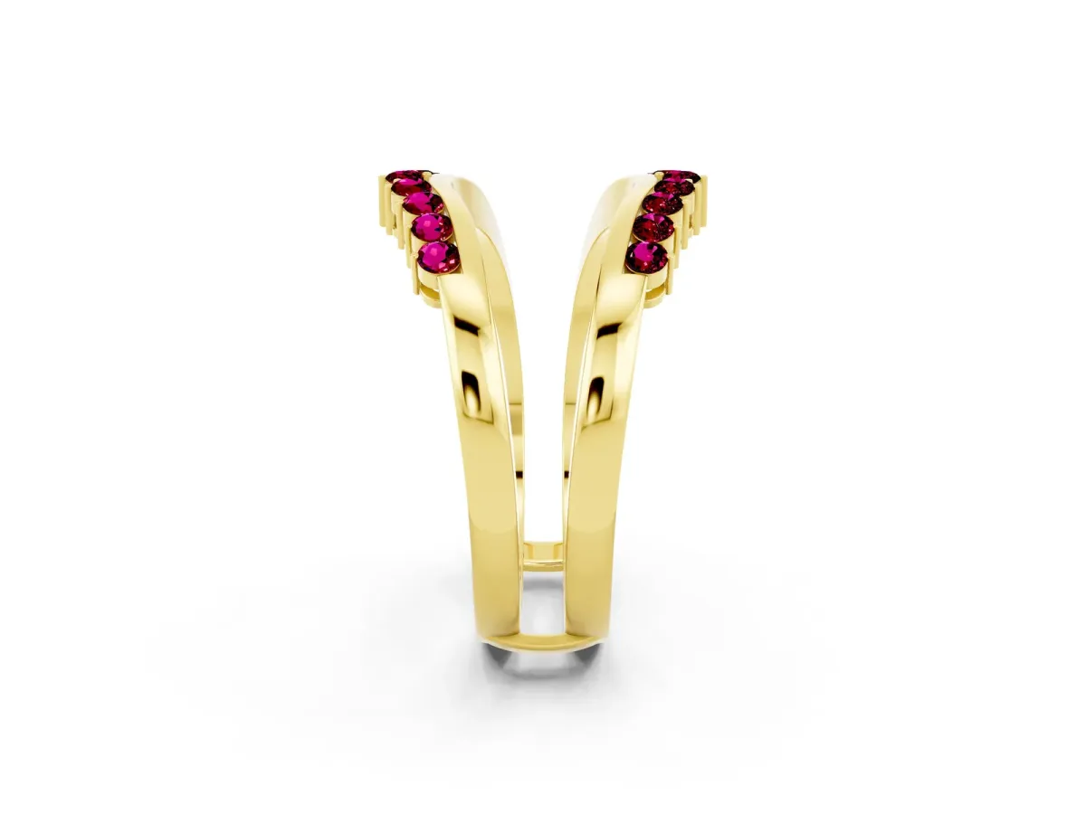 Round Garnet Chevron Contour Band with Prong Setting Yellow gold