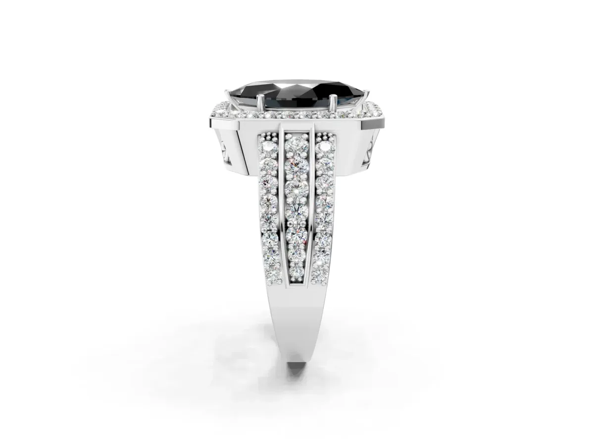 Fancy Black Marquise Cut Halo Diamond Ring with Round Split Shank and Prong Setting Platinum