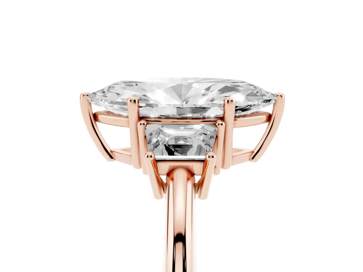 Marquise Cut Diamond Three-Stone Ring with Trapezoid Side Stones and Prong Setting Rose gold
