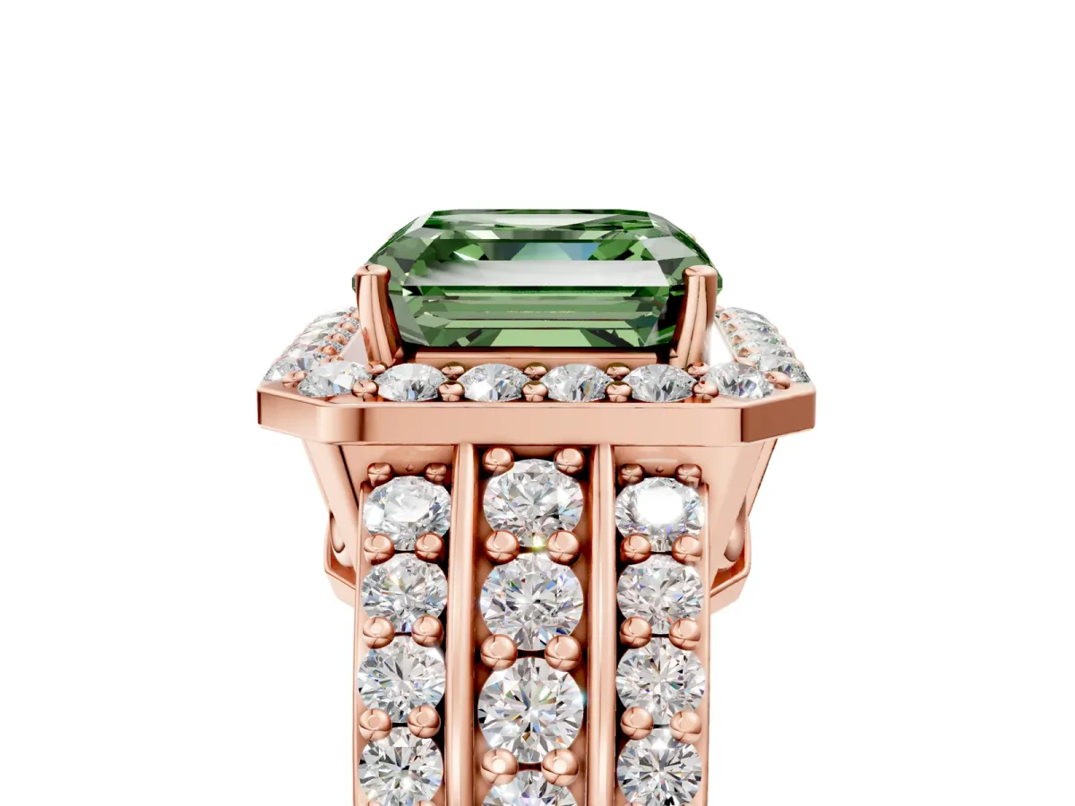 Fancy Green Asscher Cut Halo Diamond Ring with Round Split Shank and Prong Setting Rose gold