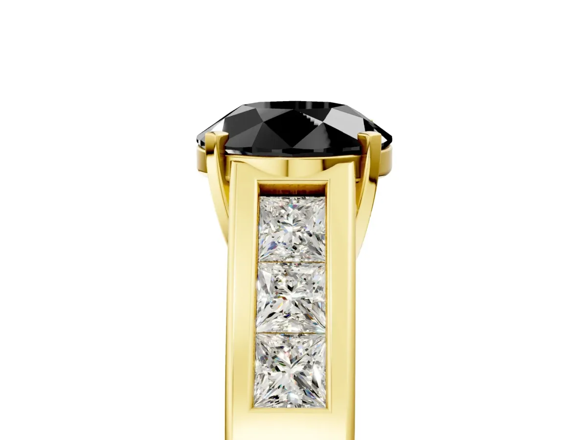 Fancy Black Round Cut Cut Channel Set Solitaire Ring with Four-Prong Setting Yellow gold
