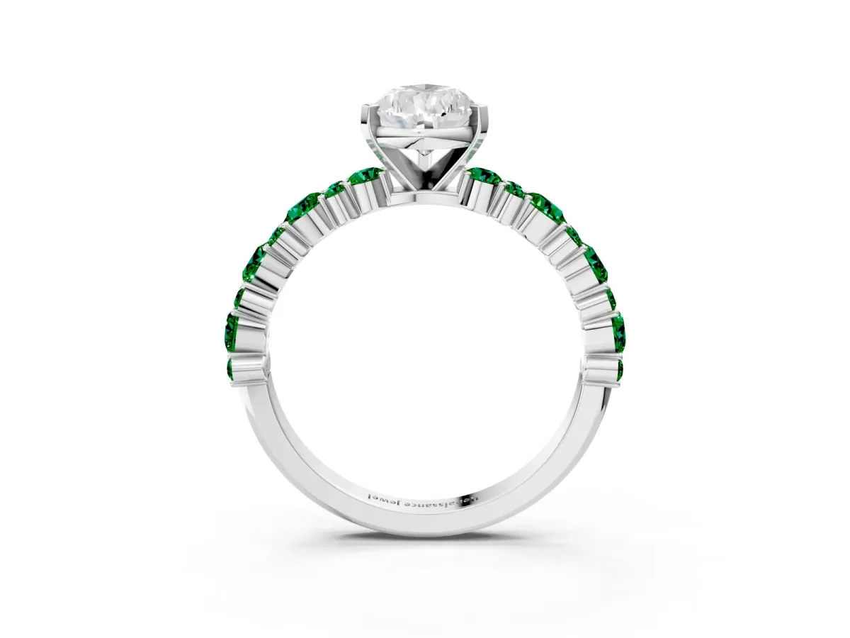 Pear Cut Diamond Side Stone Solitaire Ring with Round Emerald and Four-Prong Setting White gold