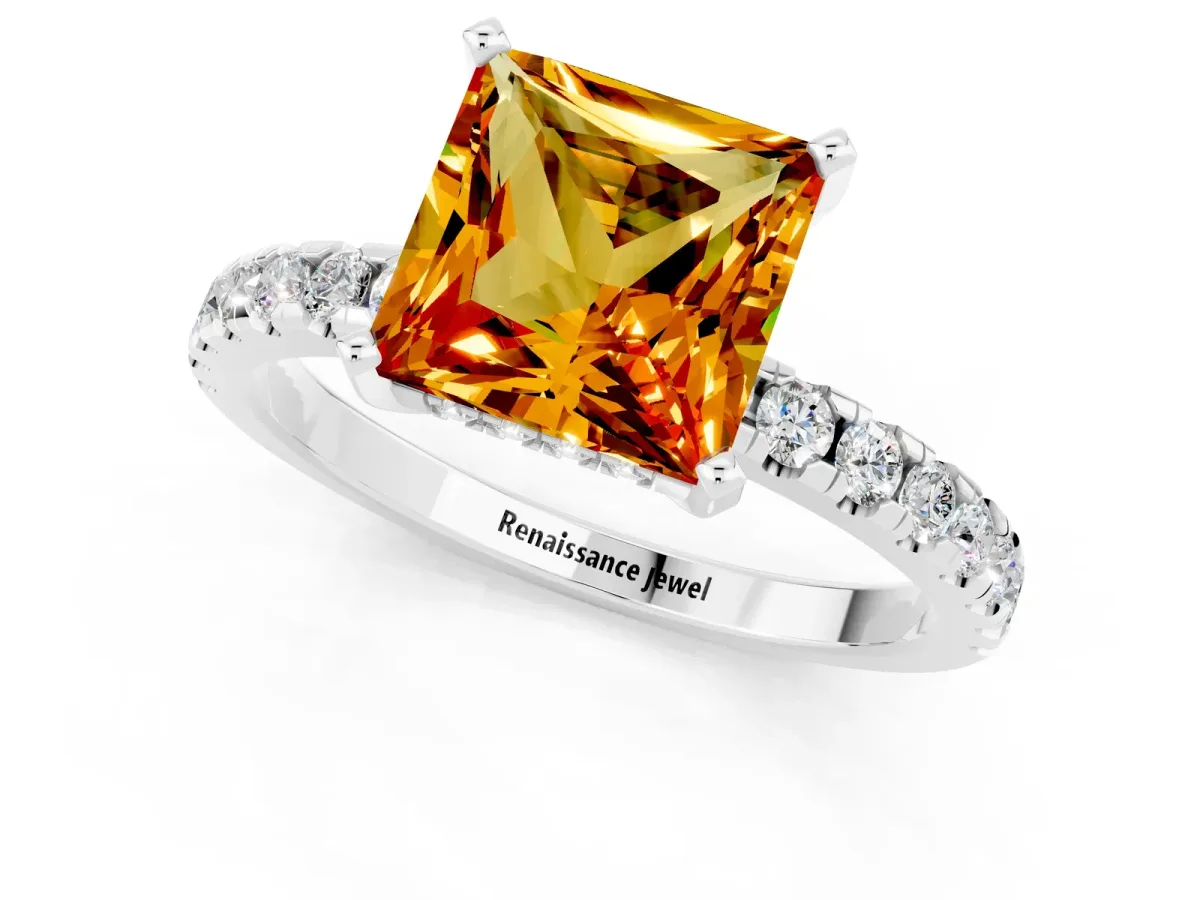 Princess Cut Citrine Solitaire Ring with Round Pavé Band and Four-Prong Setting Silver