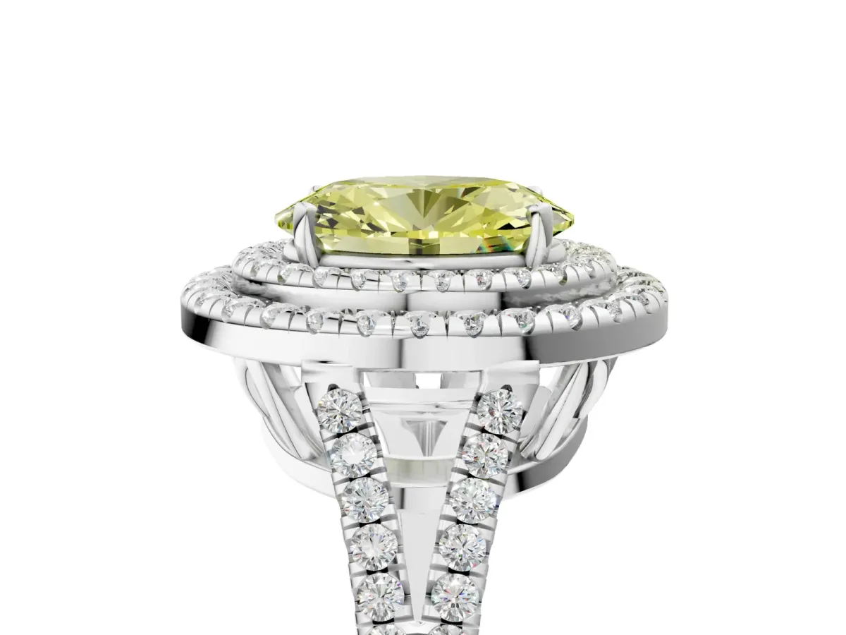 Fancy Yellow Oval Cut Diamond Double Halo Ring with Pavé Band and Prong Setting Silver