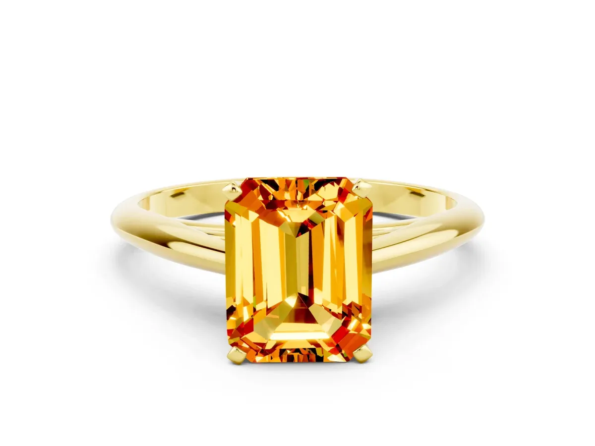 Emerald Cut Citrine Solitaire Engagement Ring with Cathedral Setting and Four-Prong Mount Yellow gold