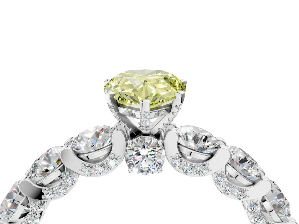 Fancy Yellow Pear Cut Diamond Side Stone Engagement Ring with Four-Prong Setting Silver