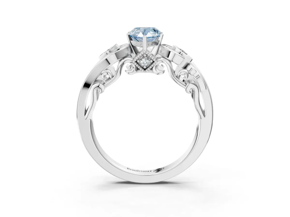 Fancy Blue Pear Cut Diamond Solitaire Ring with Milgrain Pavé Band and Four-Prong Setting Silver