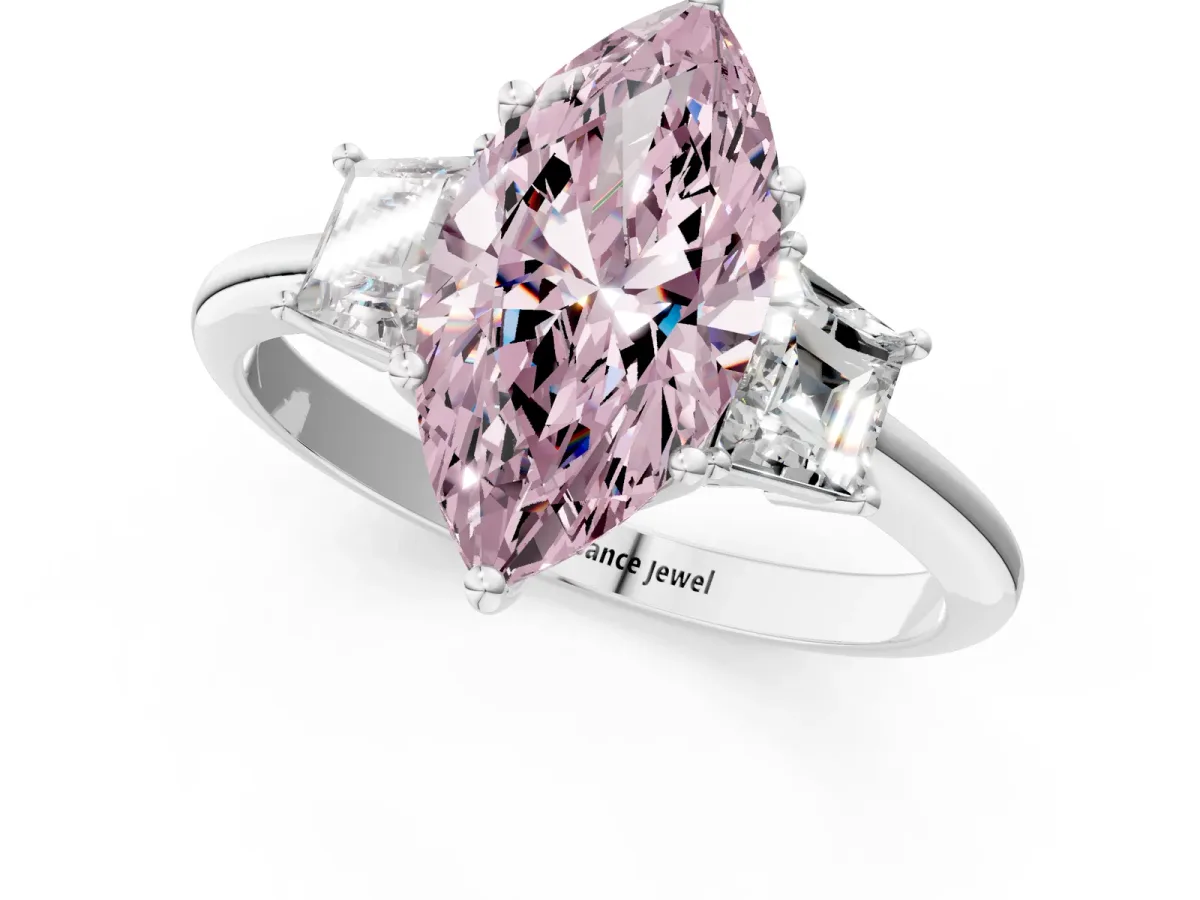 Fancy Pink Marquise Cut Diamond Three-Stone Ring with Trapezoid Side Stones and Prong Setting Silver