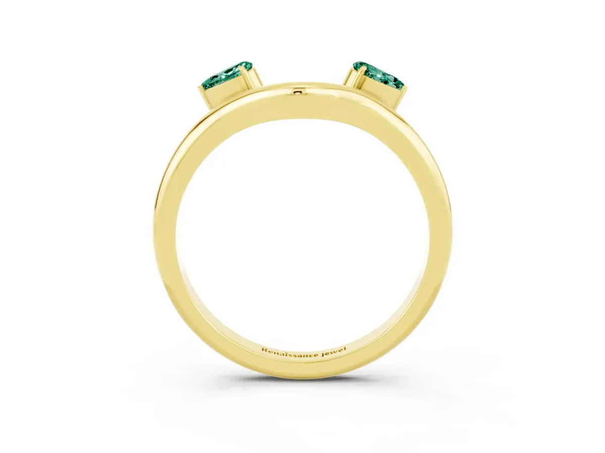 Pear Cut Green Sapphire Two-Stone Open Band Ring with Prong Setting Yellow gold