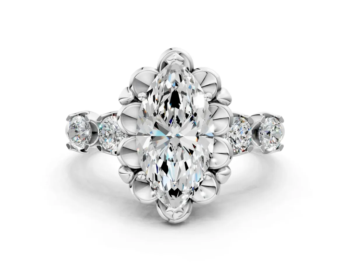 Marquise Cut Cut Diamond Floral Halo Engagement Ring with Shared Prong Setting Silver