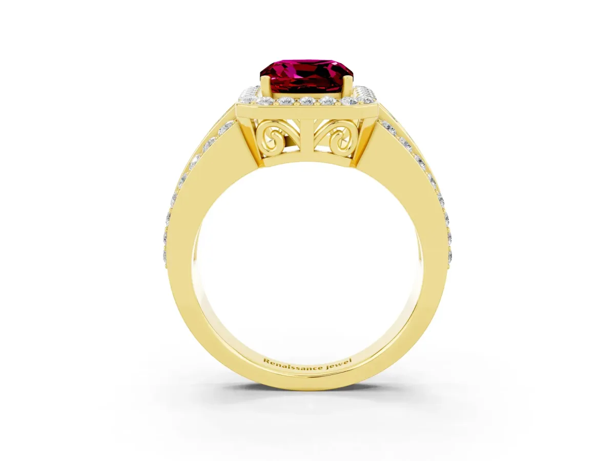 Cushion Cut Halo Garnet Ring with Round Split Shank and Prong Setting Yellow gold