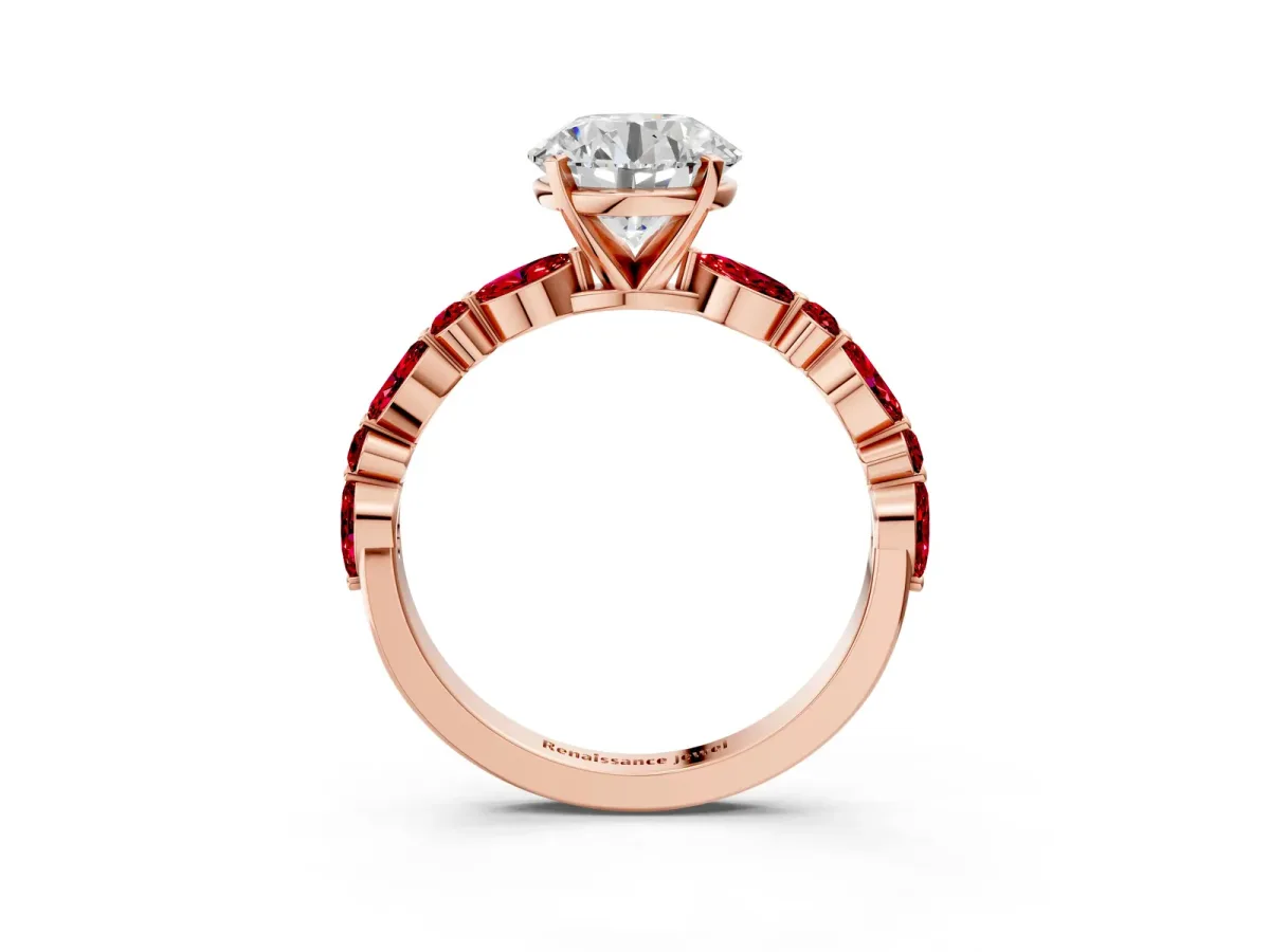 Round Cut Diamond Ring with Marquise and Round Ruby Side Stones and Four-Prong Setting Rose gold