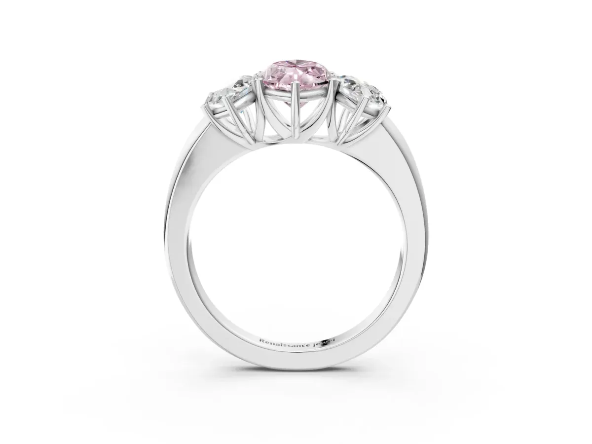 Fancy Pink Marquise Cut Diamond Three-Stone Ring with Four-Prong Setting and Classic Band Platinum