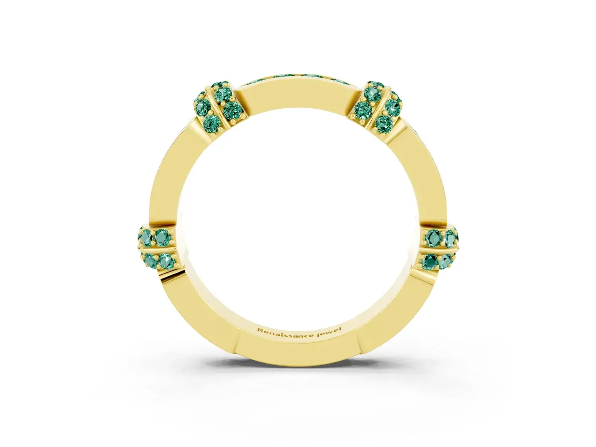 Pavé Round Green Sapphire Link Band with Bezel Setting Yellow gold