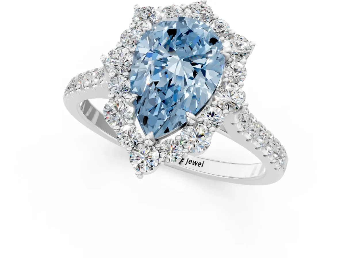 Fancy Blue Pear Cut Halo Diamond Ring with Pavé Band and Prong Setting Silver