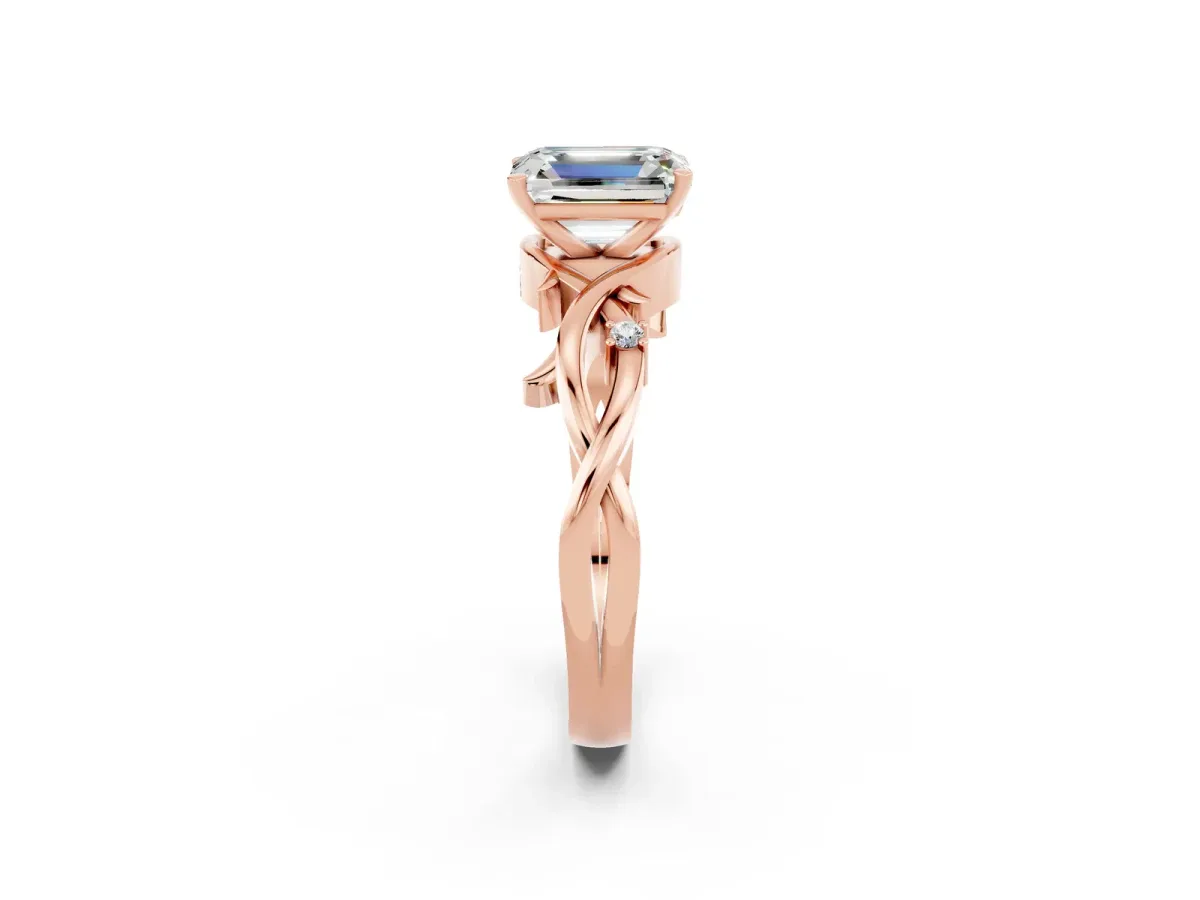 Emerald Cut Moissanite Solitaire Ring with Twisted Band and Prong Setting Rose gold