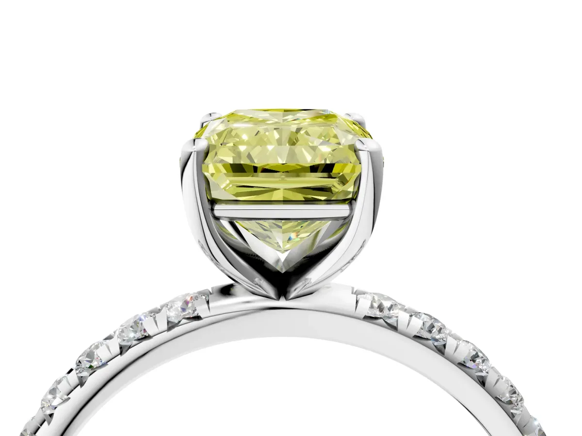Fancy Yellow Radiant Cut Cut Diamond Solitaire Ring with Micro Pave Band and Four Prong Setting Platinum