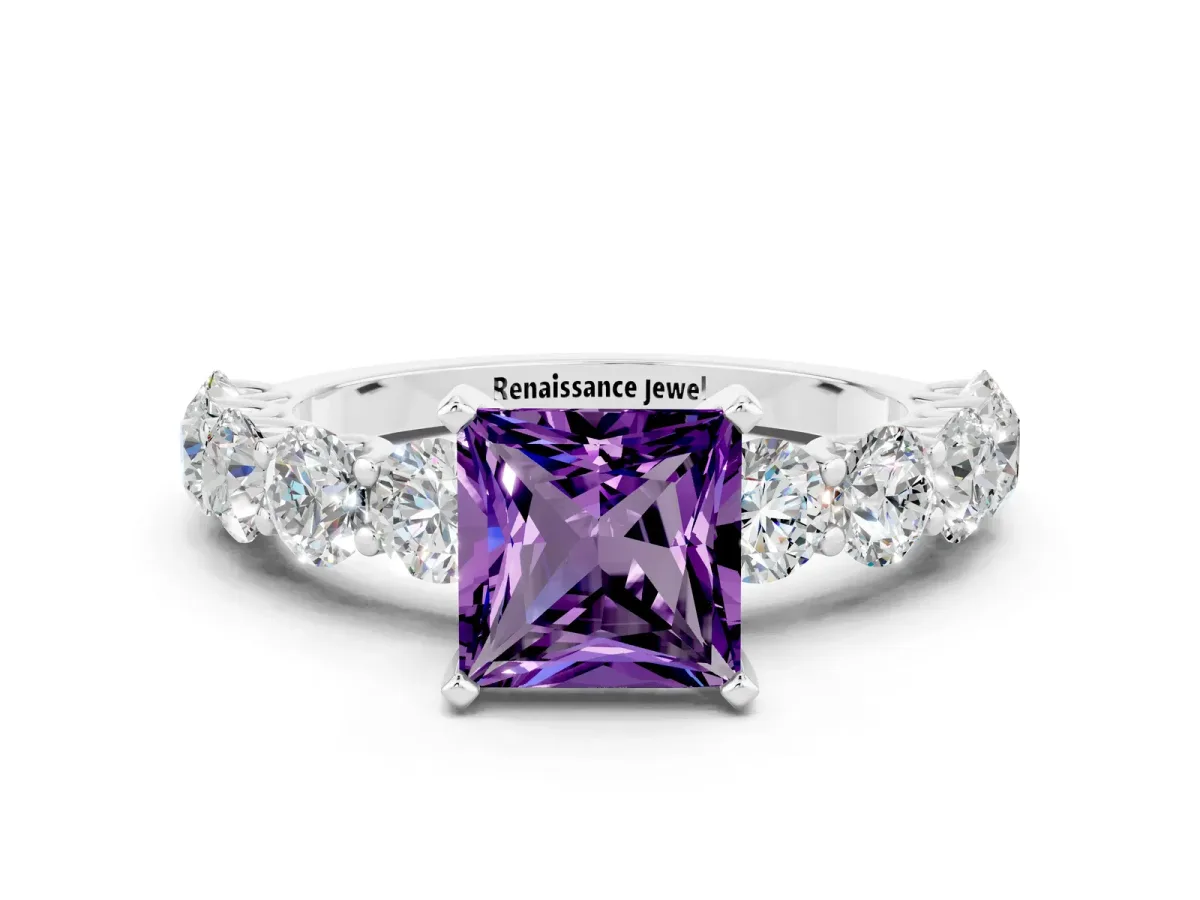 Princess Cut Amethyst Prong Setting with Side Stones on a Pave Band Silver