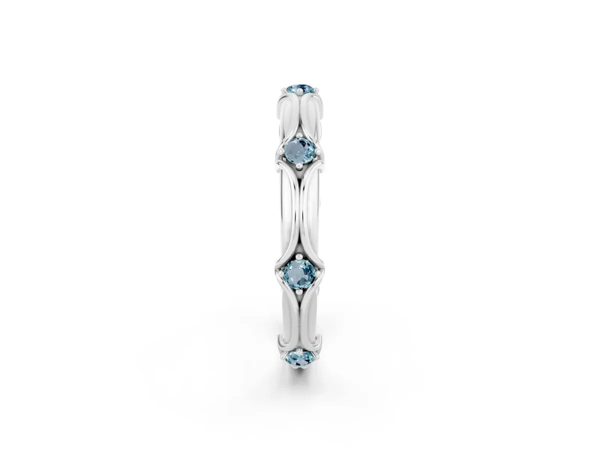 Round Aquamarine Prong Set Milgrain Eternity Band Silver