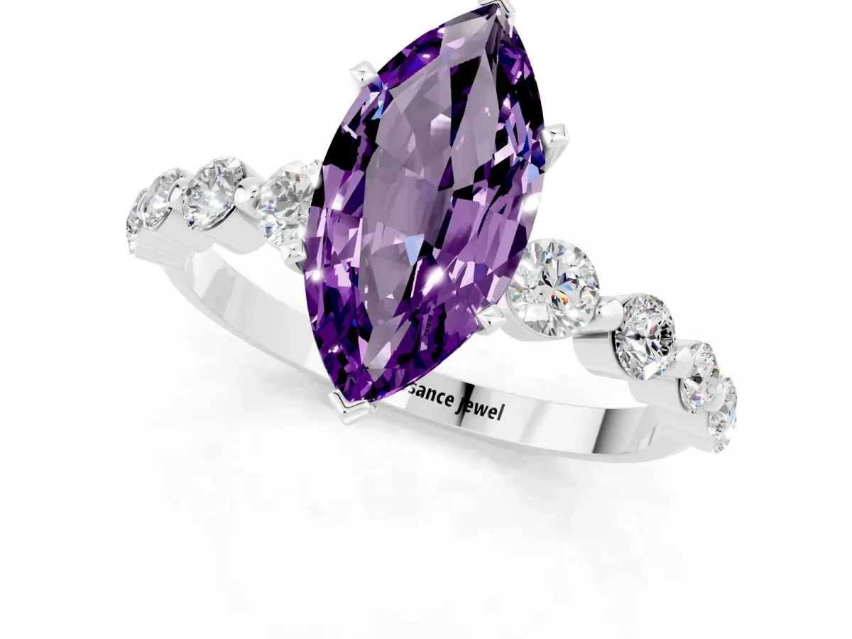 Marquise Cut Solitaire Amethyst Ring with Pave Band and Four-Prong Setting Silver