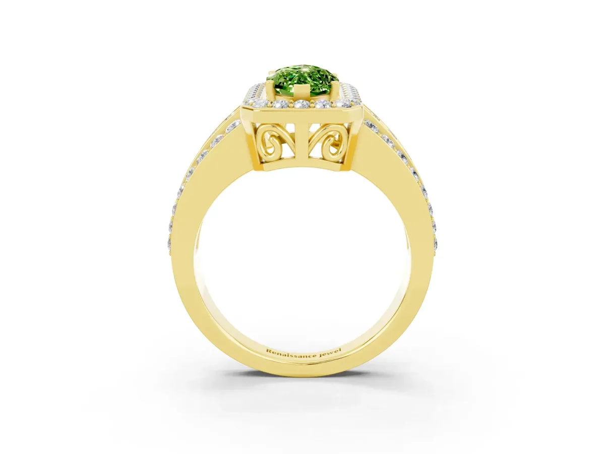 Marquise Cut Halo Peridot Ring with Round Split Shank and Prong Setting Yellow gold