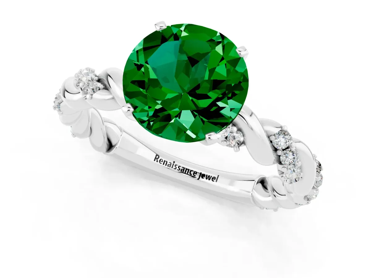 Round Cut Emerald Solitaire Ring with Twisted Band and Pavé Accents Silver