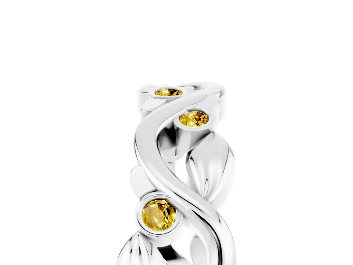Round Yellow Sapphire Leaf Eternity Band with Bezel Setting White gold