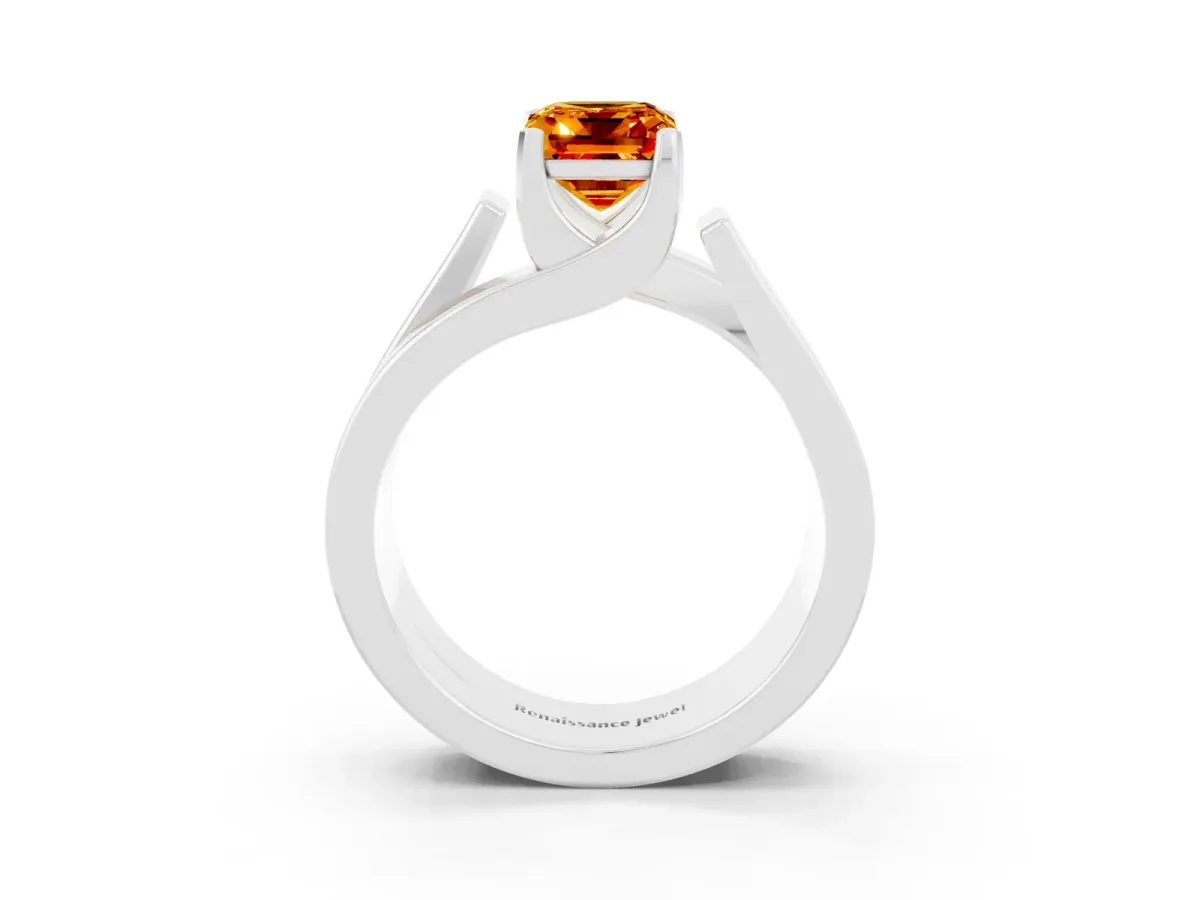 Modern Tension Set Emerald Cut Citrine Solitaire Wide Band Ring Platinum