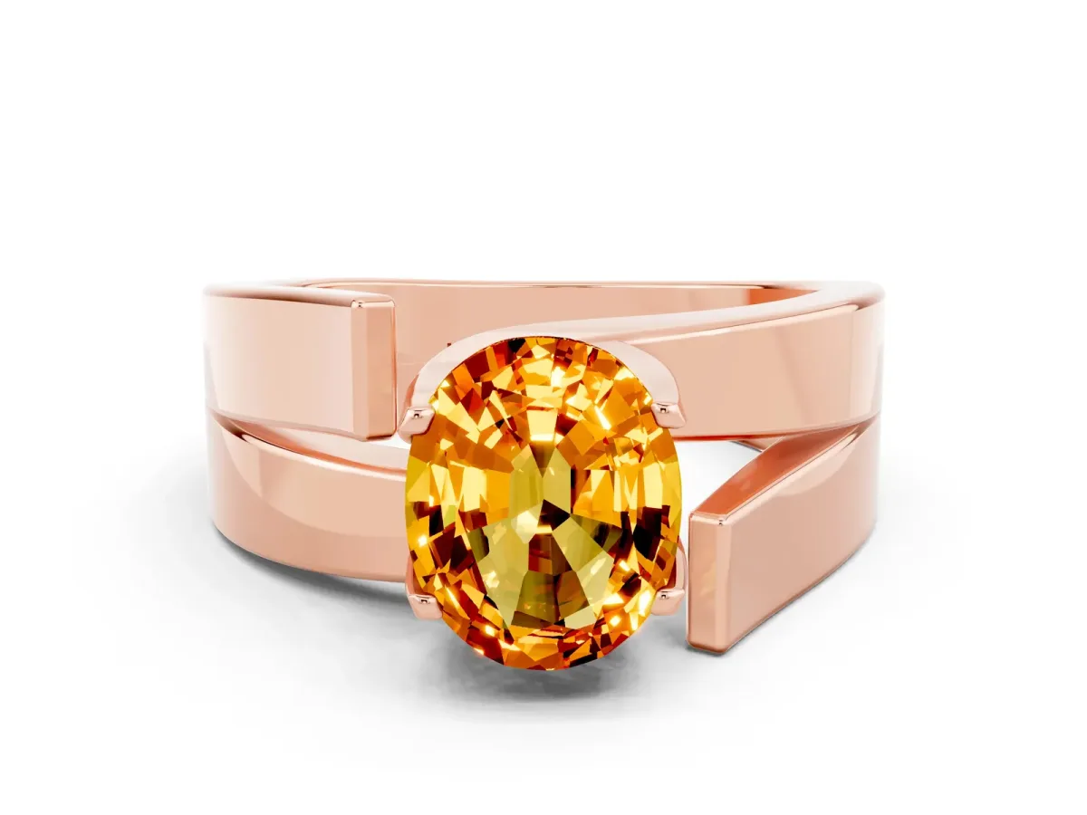 Modern Tension Set Oval Cut Citrine Solitaire Wide Band Ring Rose gold