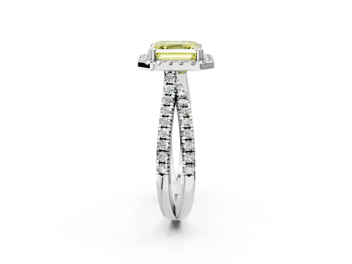 Fancy Yellow Asscher Cut Halo Split Shank Diamond Ring with Pavé Setting Platinum