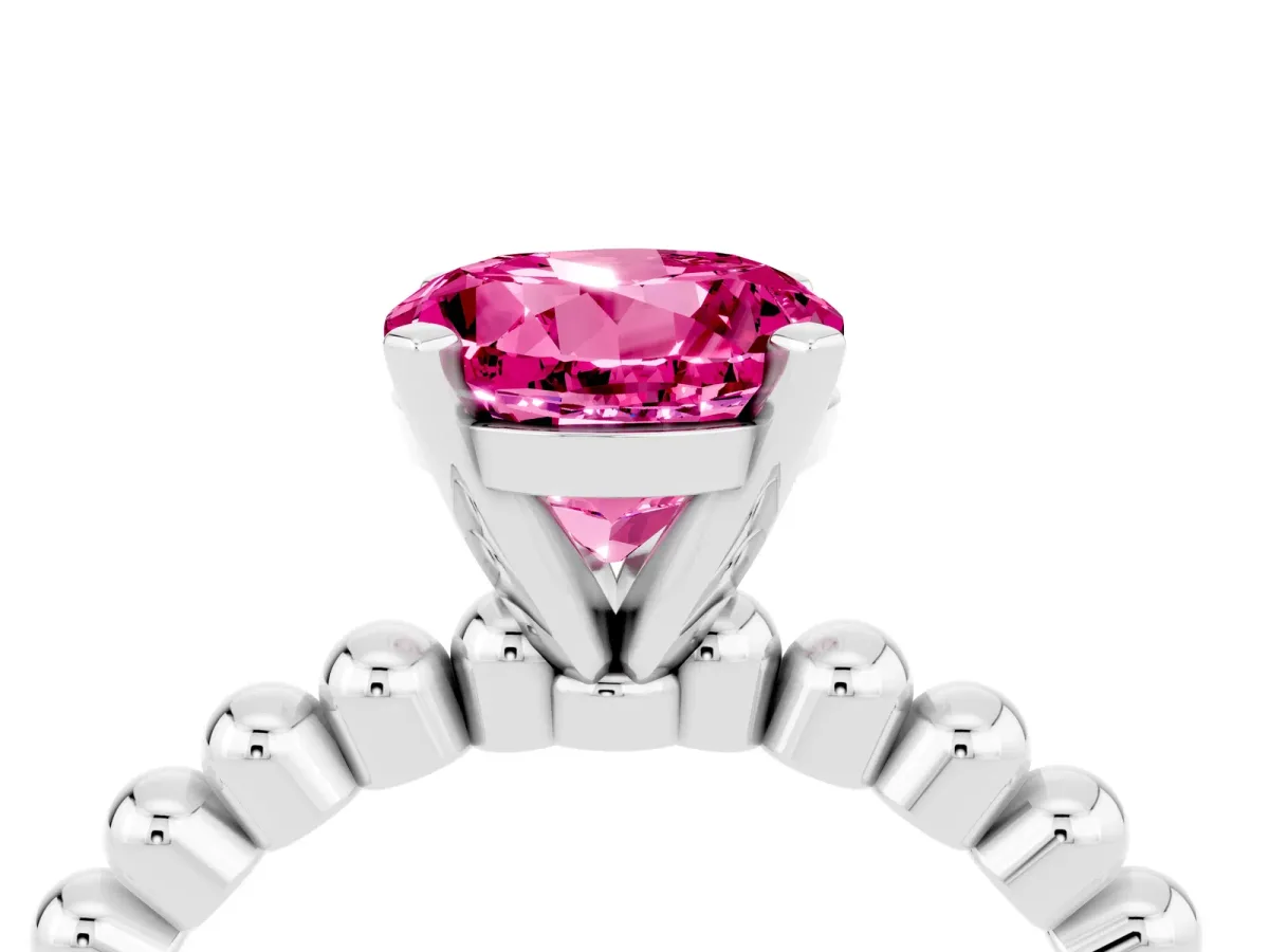 Round Cut Pink Sapphire Solitaire Ring with Beaded Band and Prong Setting Silver