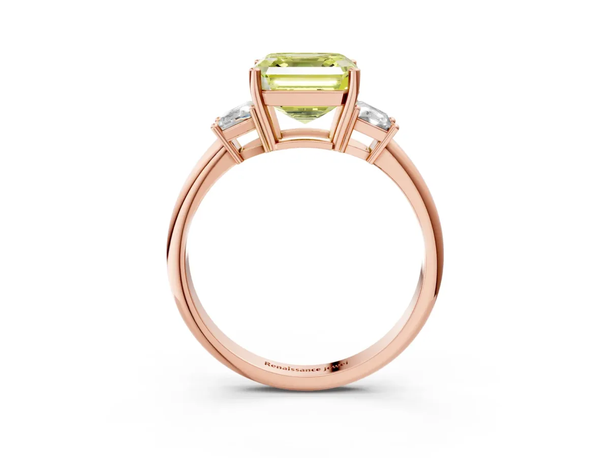 Fancy Yellow Asscher Cut Diamond Three-Stone Ring with Trapezoid Side Stones and Prong Setting Rose gold