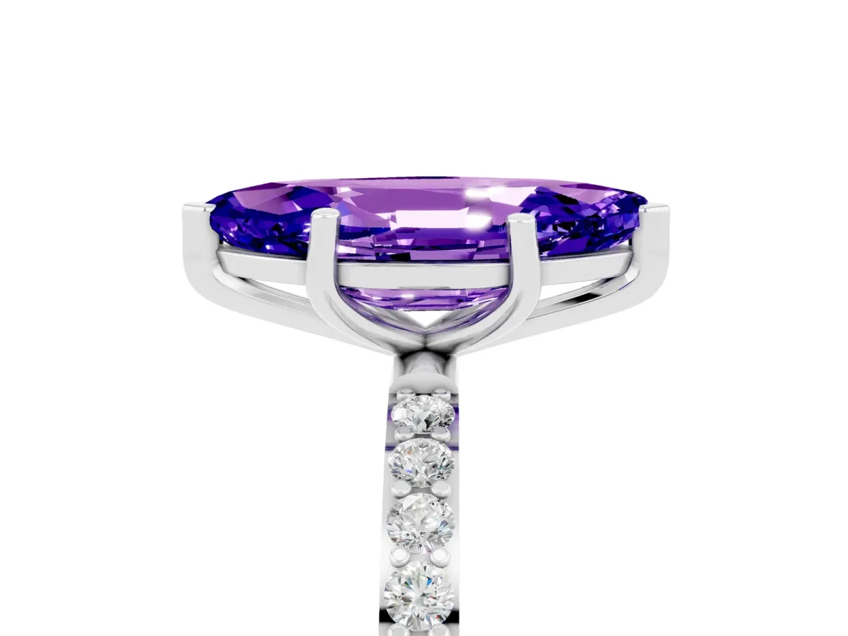 Marquise Cut Tanzanite Solitaire Ring with Round Pavé Band and Prong Setting Silver