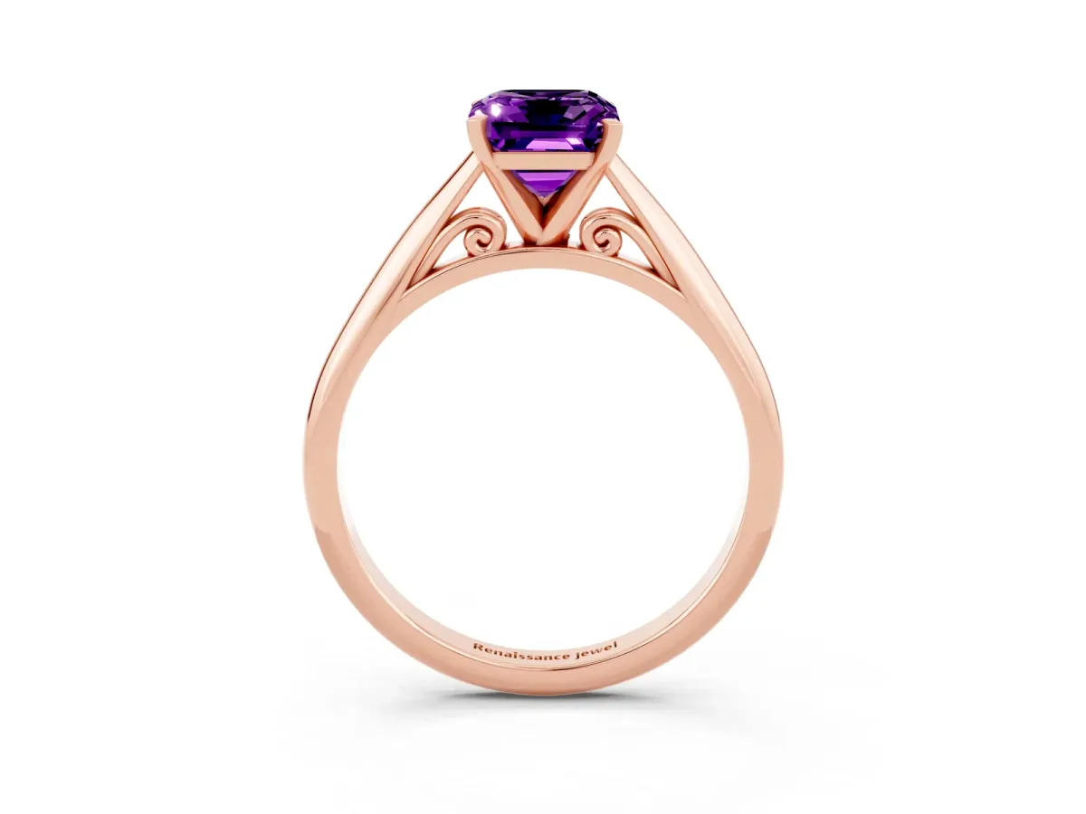 Emerald Cut Amethyst Solitaire Engagement Ring with Cathedral Setting and Four-Prong Mount Rose gold