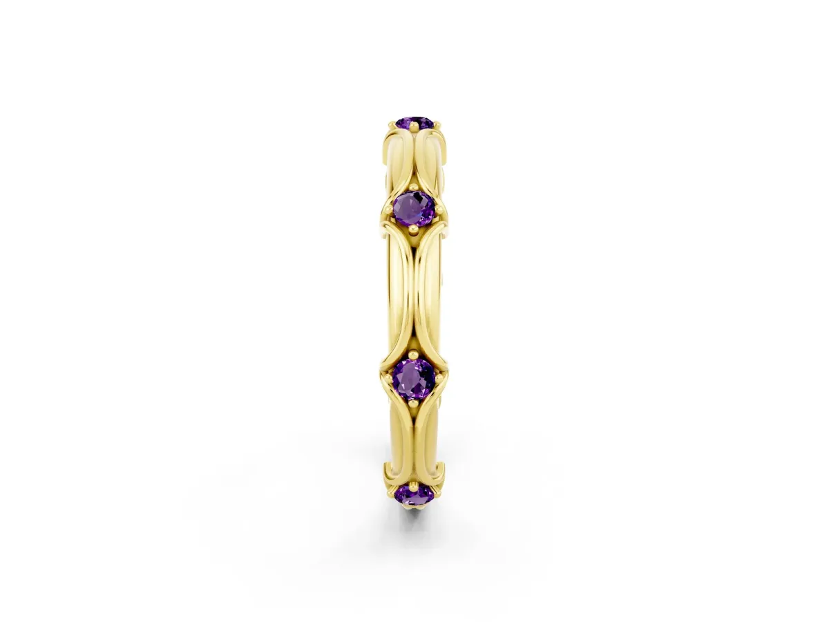 Round Amethyst Prong Set Milgrain Eternity Band Yellow gold