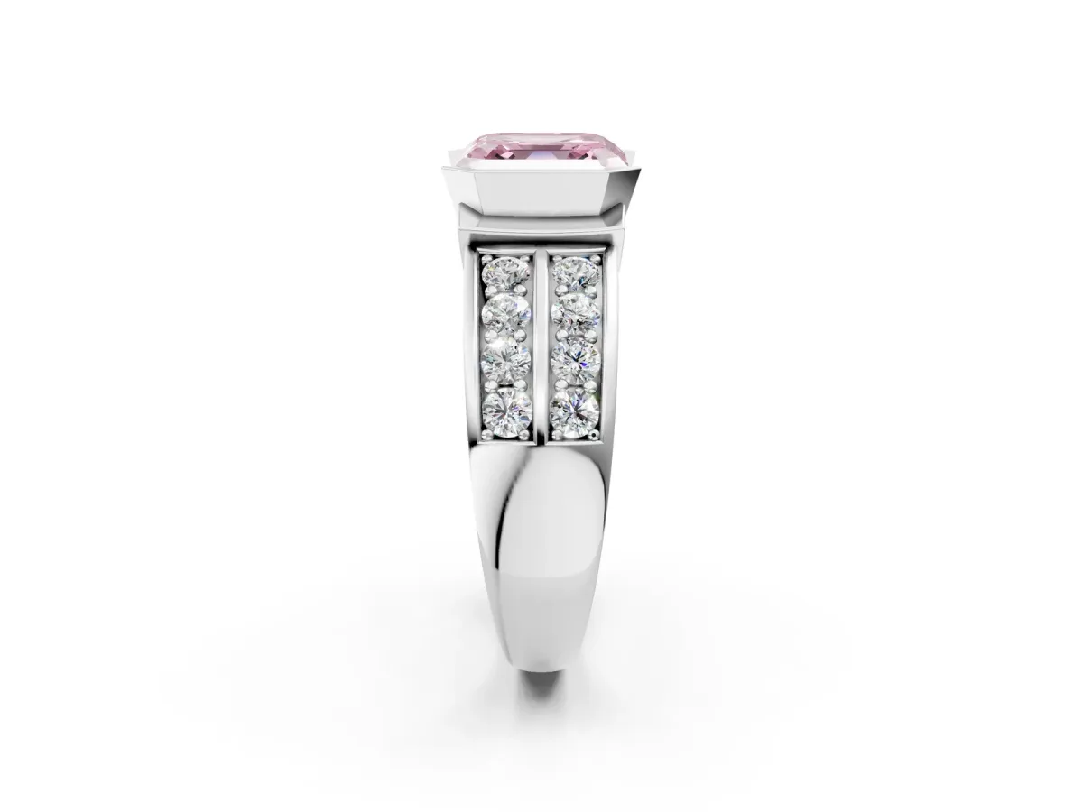 Fancy Pink Asscher Cut Brilliant Diamond Channel Set Wide Band Ring with Bezel Setting Platinum