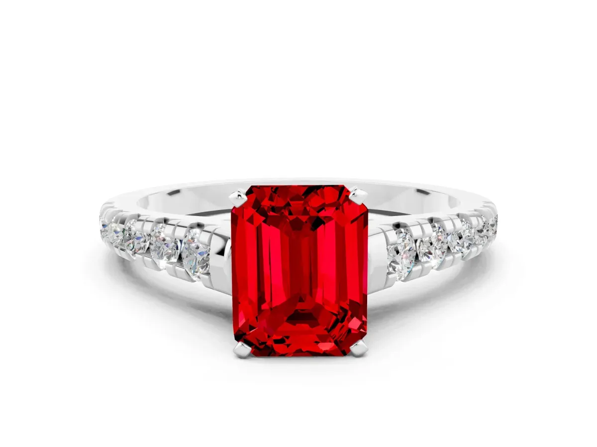 Emerald Cut Ruby Cathedral Solitaire Ring with Round Pavé Band Platinum