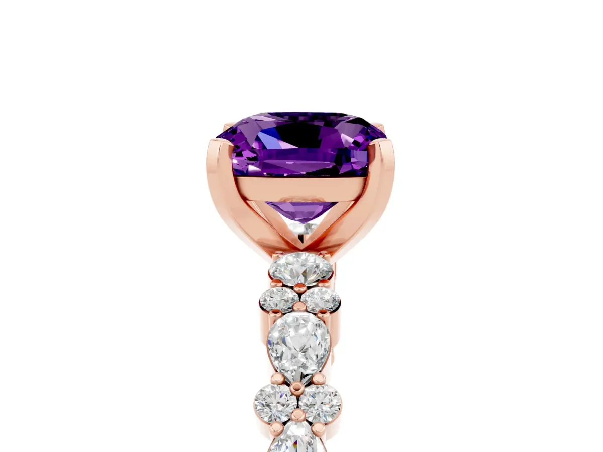 Cushion Cut Amethyst Side Stone Solitaire Ring with Round and Four-Prong Setting Rose gold