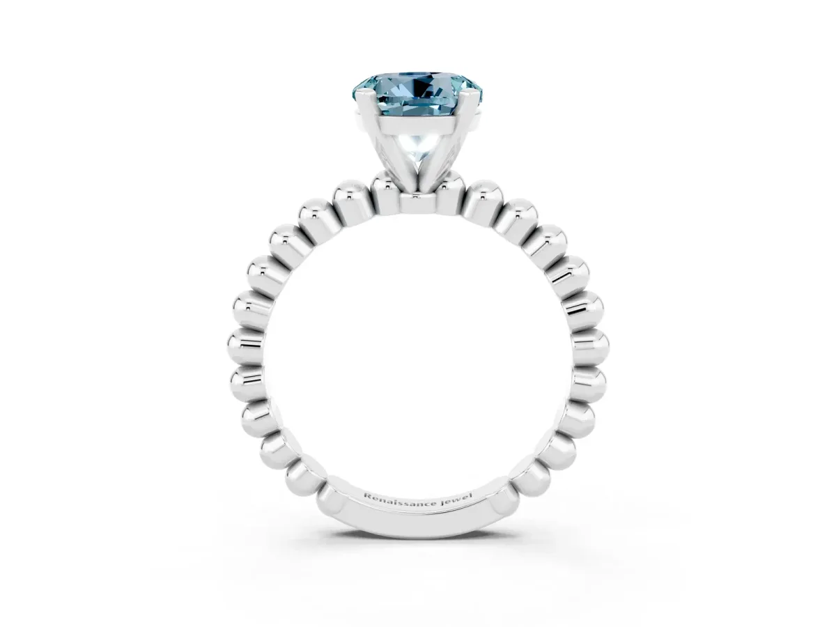 Round Cut Aquamarine Solitaire Ring with Beaded Band and Prong Setting Silver