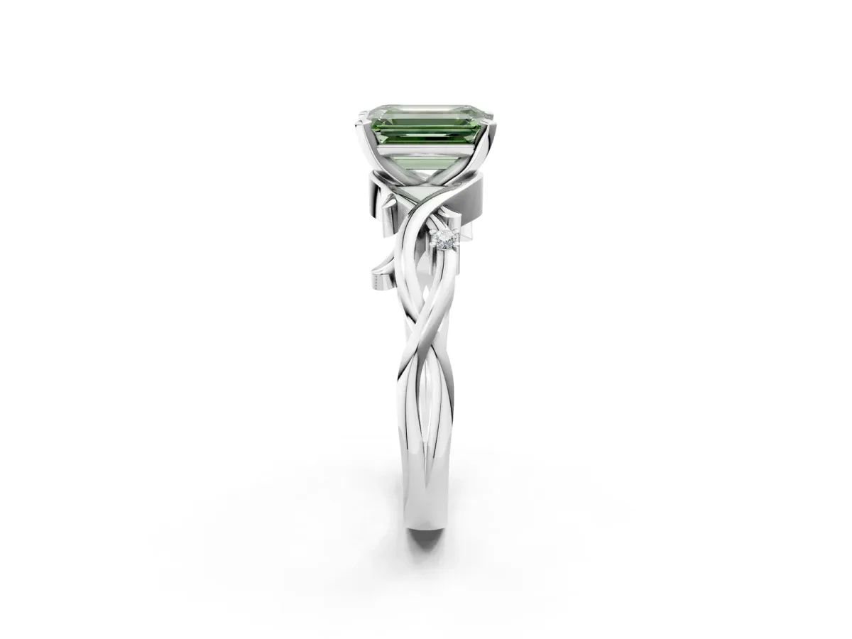 Fancy Green Emerald Cut Diamond Solitaire Ring with Twisted Band and Prong Setting Silver