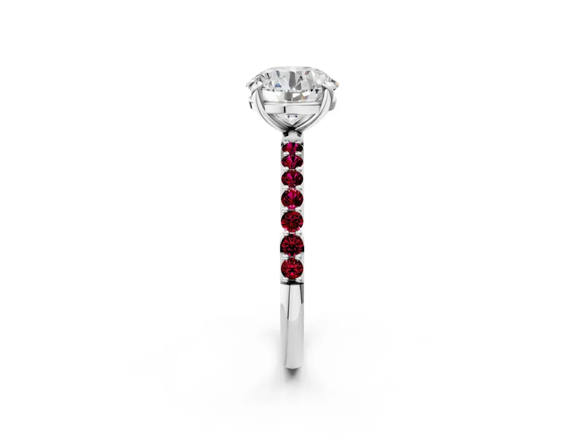 Round Cut Diamond Solitaire Ring with Round Garnet Pavé Band and Prong Setting Silver