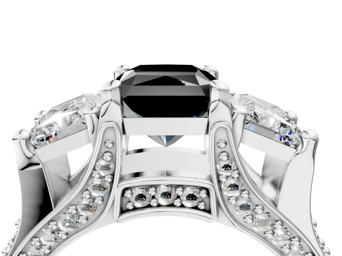 Fancy Black Radiant Cut Diamond Three-Stone Ring with Channel Set Band and Four-Prong Setting Platinum