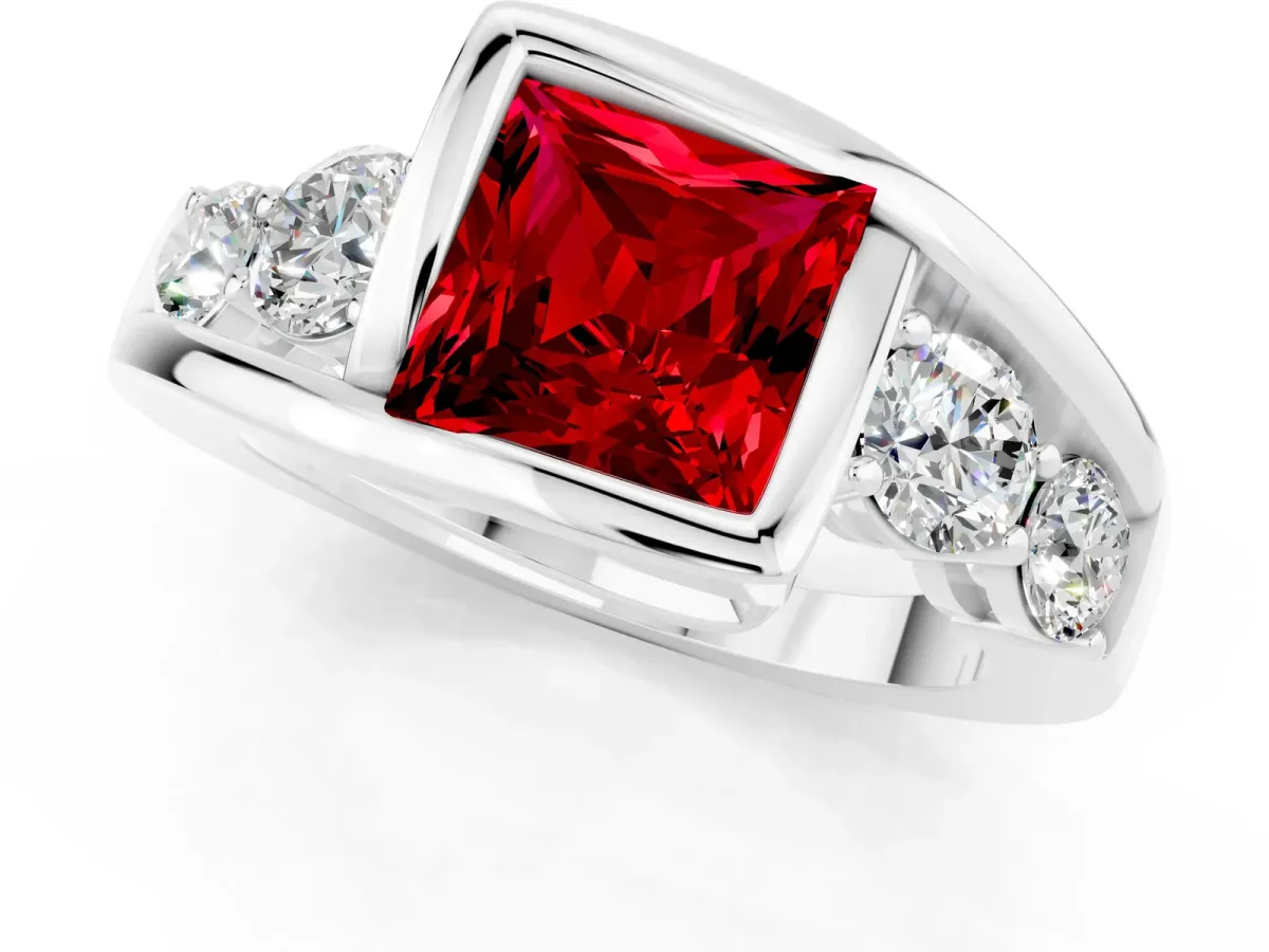 Bezel Set Princess Cut Ruby Bypass Ring with Round Accents Platinum