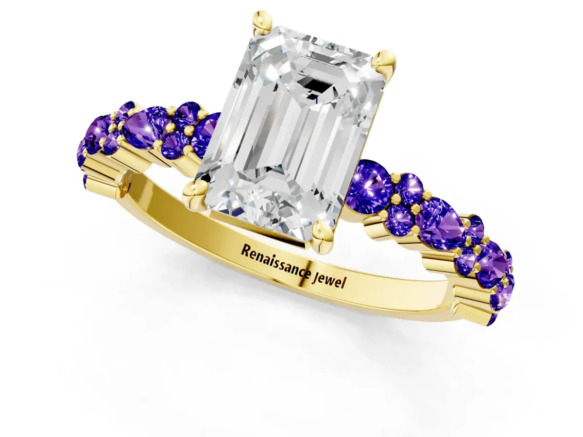 Emerald Cut Diamond Side Stone Solitaire Ring with Round Tanzanite and Four-Prong Setting Yellow gold