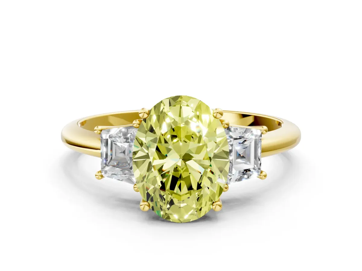 Fancy Yellow Oval Cut Diamond Three-Stone Ring with Trapezoid Side Stones and Prong Setting Yellow gold