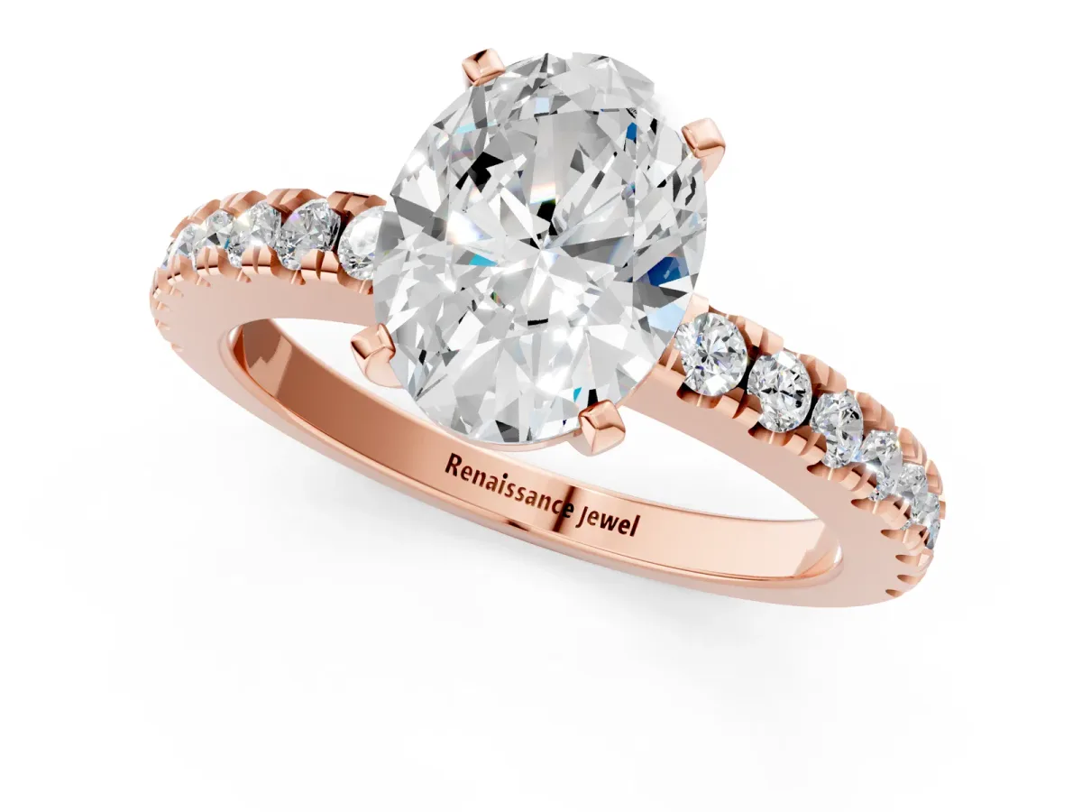 Oval Cut Solitaire Diamond with Pavé Band and Four-Prong Setting Rose gold