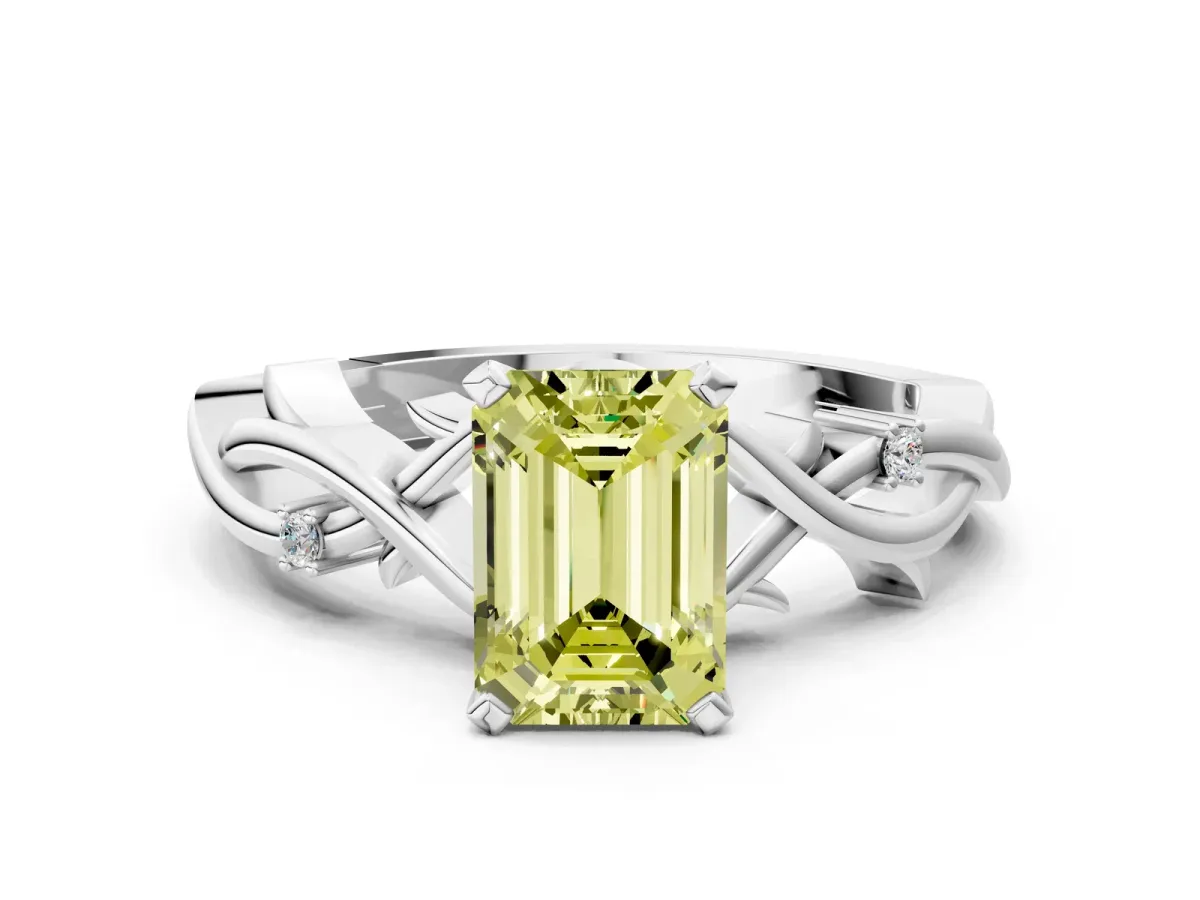 Fancy Yellow Emerald Cut Diamond Solitaire Ring with Twisted Band and Prong Setting Silver