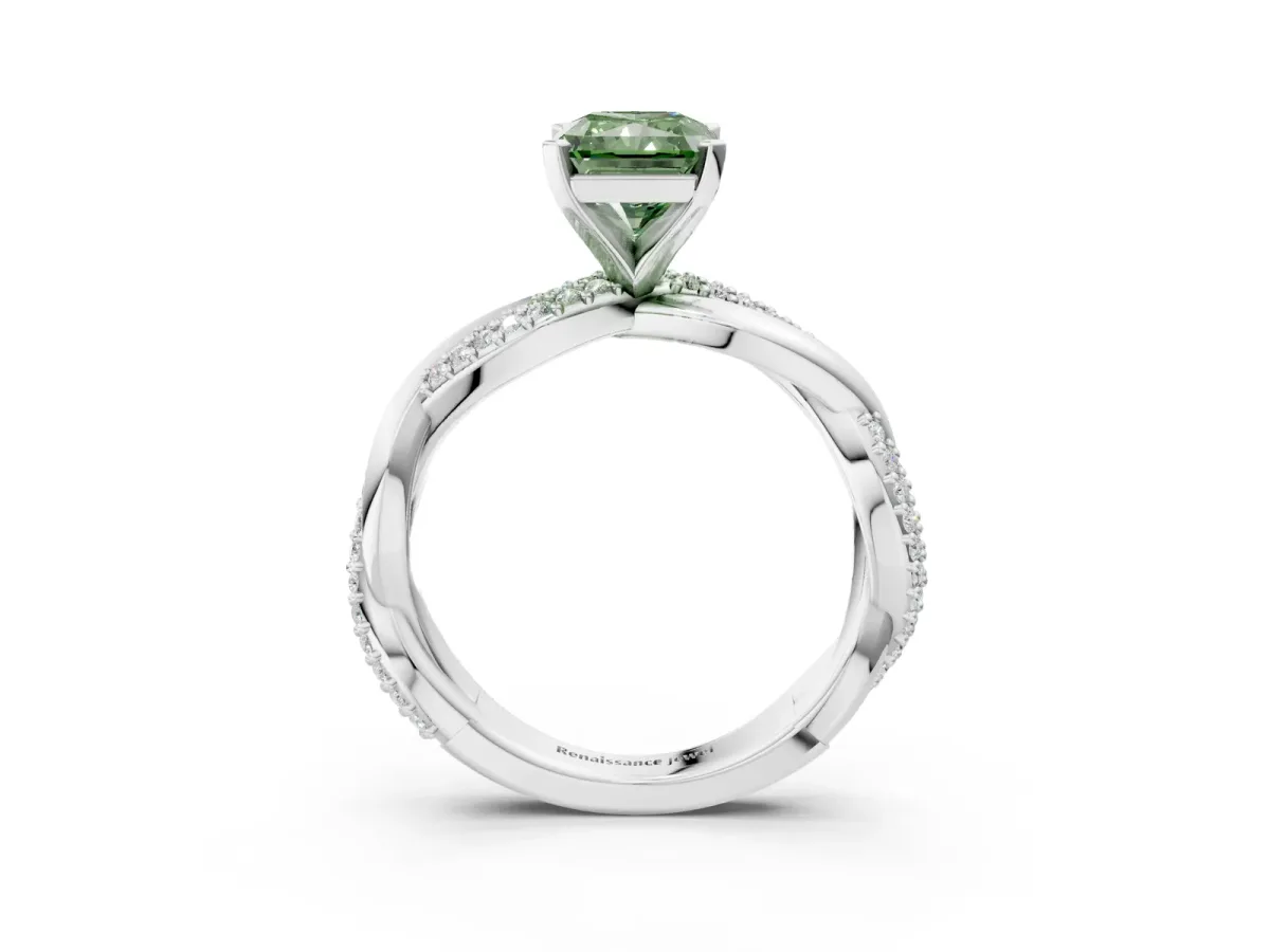 Fancy Green Radiant Cut Solitaire Twist Band with Pave Prong Setting Platinum